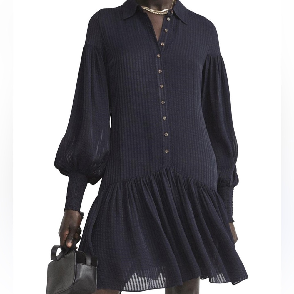 WITCHERY Stripe Pintuck Dress Navy Drop Shoulder, Waist Dress Button Front Sz 8 - Picture 4 of 15